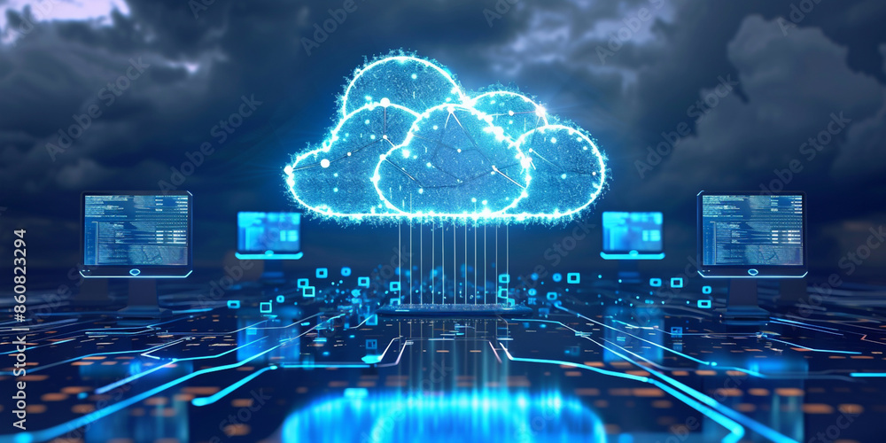 Poster a cloud with data flowing through it symbolizes technology and informatio