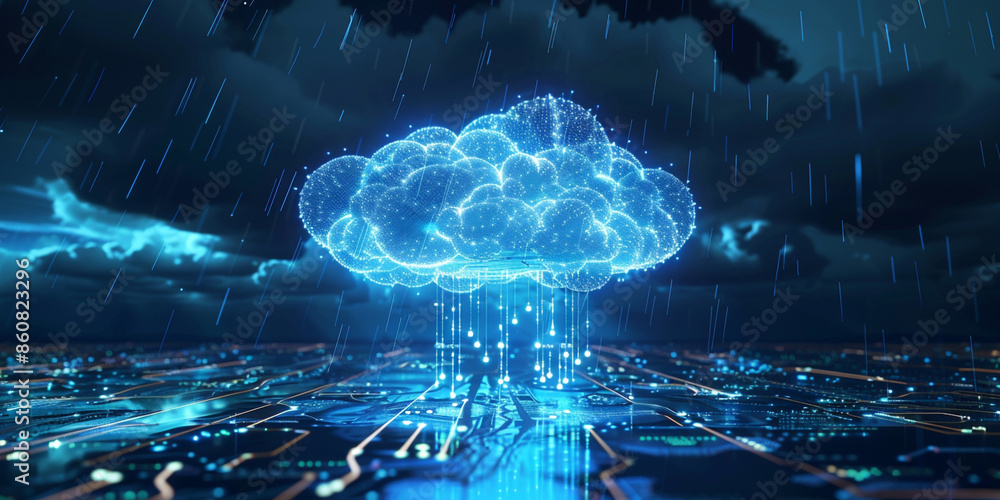 Poster a cloud with data flowing through it symbolizes technology and informatio