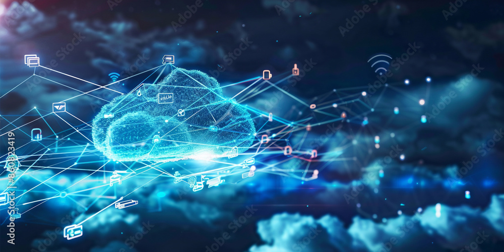 Poster a cloud with data flowing through it symbolizes technology and informatio