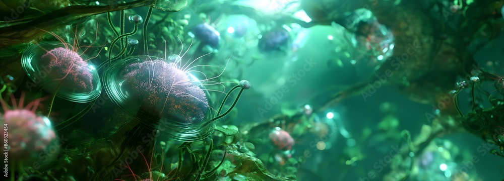 Poster 7. generate an organic abstract scene with pulsating tendrils of light and biomorphic shapes, set in