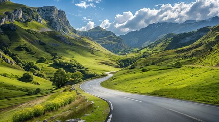 Scenic winding road in a lush green valley surrounded by majestic mountains and a clear blue sky, creating a serene and picturesque landscape.