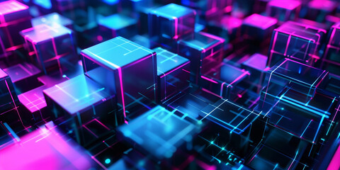 Obraz premium Background with neon glowing cubes in blue and purple colors. Big data technology concept