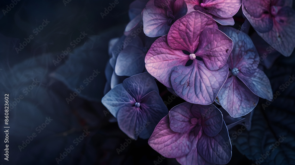 Poster hydrangea flower on a dark background closeup soft selective focus delicate floral background toned 