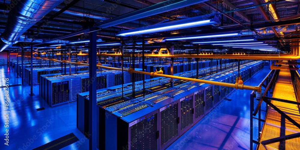 Poster a large data center with rows of computer equipment under blue and yellow lighting