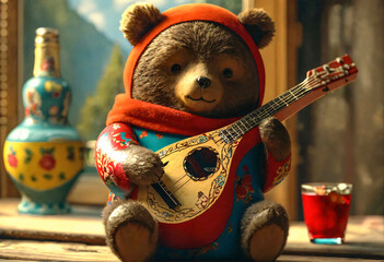 Fototapeta premium Costumed toy brown bear sits with a musical balalaika in his hands. Stereotypical characters about Russia.