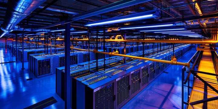 A large data center with rows of computer equipment under blue and yellow lighting