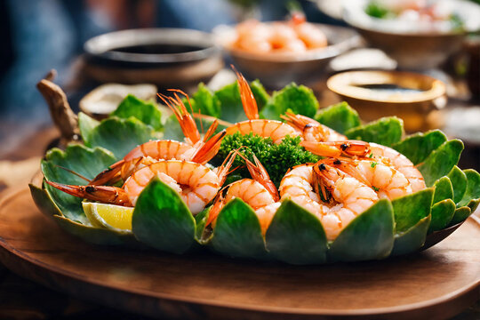 Delicious boiled shrimps with greenery leaves on a platter. Cooked seafood dinner.