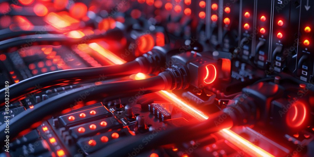 Poster close-up of red glowing cables connecting to black computer parts, with a background filled with dar