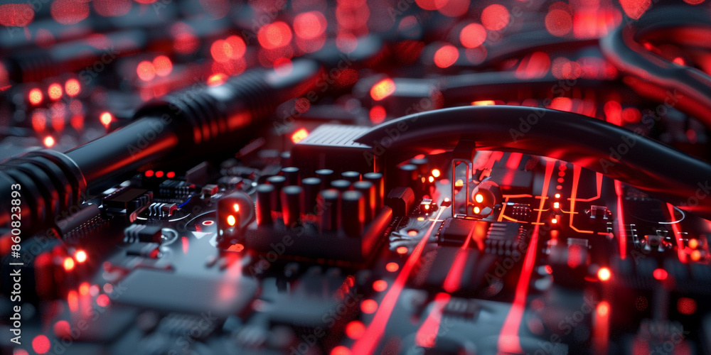Poster close-up of red glowing cables connecting to black computer parts, with a background filled with dar