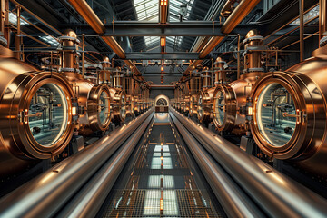 Obraz premium High-tech modern distillery whisky still room, filled with large rows of shiny copper distilling alembics and circular steel pipes