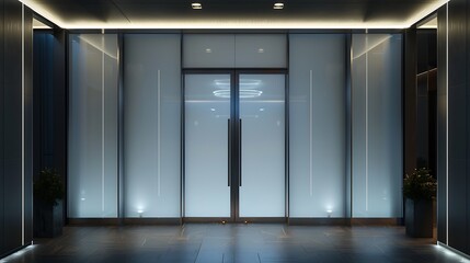 ultra-modern entryway with a door of frosted glass panels, illuminated by LED lights and framed by sharp, clean lines