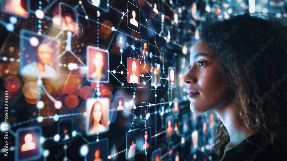 Aufkleber A young woman looks intently at a screen displaying a complex network of connected profiles, symbolizing the interconnectedness of online communities. Generative AI