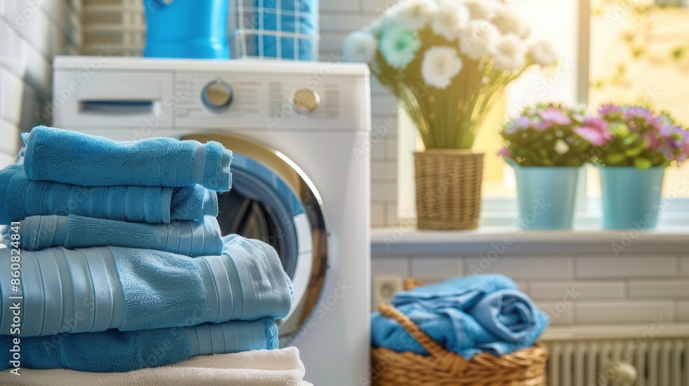 Poster a stack of neatly folded blue towels sits in front of a white washing machine, suggesting a clean an