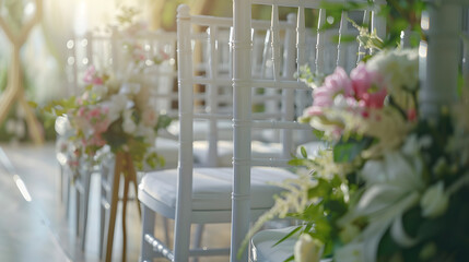 Close up view of chairs in front of beautiful wedding altar decoration Selective Focus : Generative AI