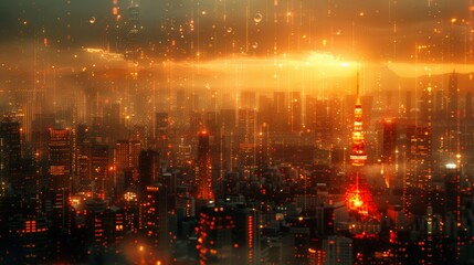 An abstract mixed media concept depicting a smart city and a telecommunication network.