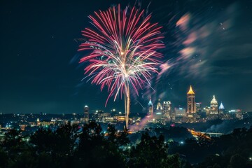 Spectacular fireworks over Atlanta city skyline at night. Atlanta city skyline, showcasing vibrant colors and urban architecture.