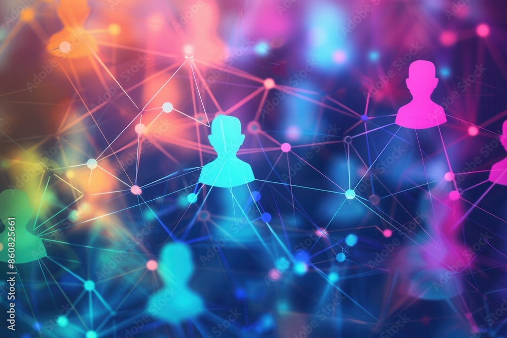 Aufkleber Abstract image featuring a vibrant network of people connected by lines and nodes, representing the interconnectedness of digital communities. Generative AI
