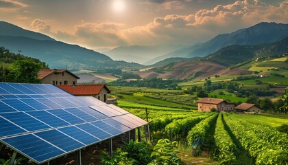Solar panels installed in the countryside with farm fields and mountains in the background