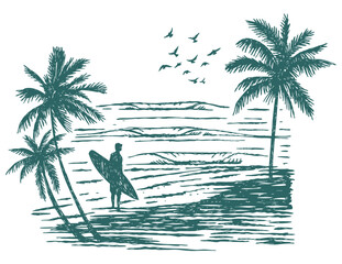 Hand drawn sketch style illustration of coastal landscape with surfer holding a surfboard.