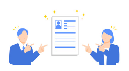 履歴書を指差しアピールをする男女のビジネスパーソンのイラスト