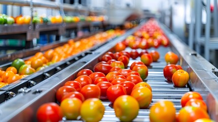 Automated conveyor belt transporting and processing fresh food or fruit in an industrial production line at a manufacturing or processing factory