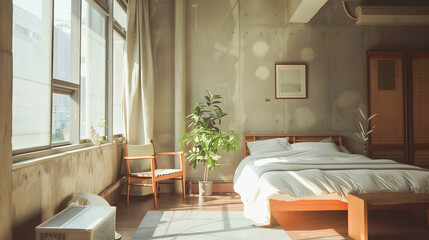 Cozy and Inviting Minimalist Bedroom Sanctuary with Comfortable Furnishings and Natural Lighting Flooding the Space Creating a Serene and Peaceful Atmosphere for Relaxation and Rest