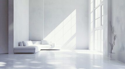 Fototapeta premium Minimalist and Elegant Empty Living Room with Bright Sunlight Streaming Through Large Windows and Concrete Wall Decor in a Calming Serene and Contemporary Interior Design Style