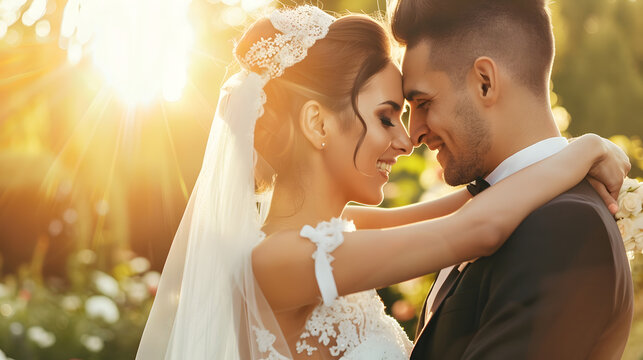 Side view of loving newly wed couple with head to head standing in garden : Generative AI