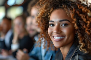 Obraz premium Smiling Woman With Curly Hair Sitting in a Crowd