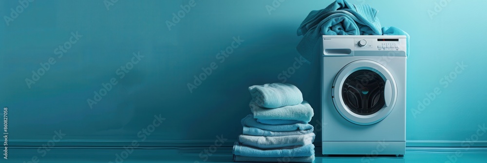 Poster a stack of neatly folded clean laundry sits in front of a white washing machine in a blue room. gene