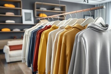 Stylish Hoodies on Rack - Modern Room - Concept of Fashionable Casual Wear