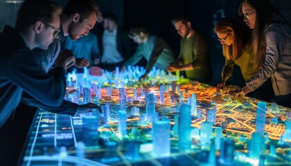 A team of city planners is discussing on a table full of holographically visualized city maps