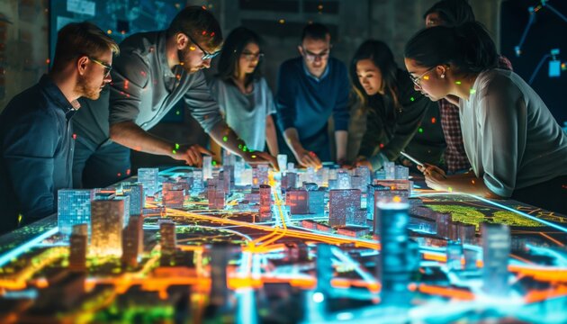 A team of city planners is discussing on a table full of holographically visualized city maps