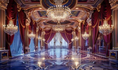 Obraz premium Grand Ballroom with Red Velvet Curtains and Crystal Chandeliers
