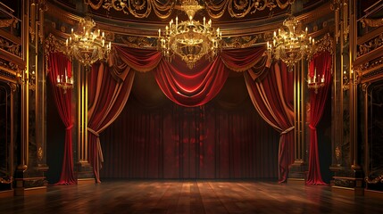 Ornate Theater Stage with Red Velvet Curtains and Golden Accents