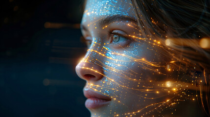face of beautiful woman with technological neon connections.