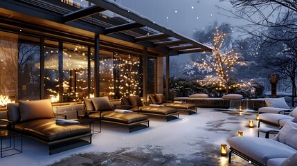 luxurious outdoor winter lounge with heated leather seats, ambient lighting, and a retractable roof to watch the snowfall or clear winter nights