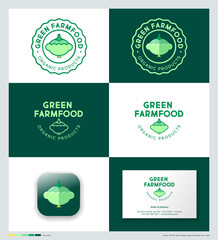 Green FarmFood logo. Letters and green tint squash. Organic food emblem. Identity, app button, business card.