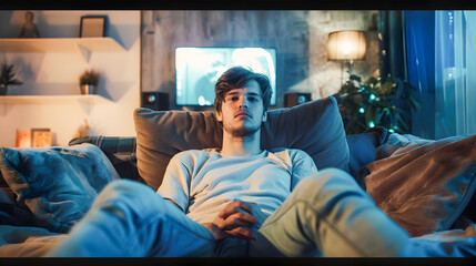 Obraz premium Cozy and Relaxed Evening at Home A Man Sitting on a Comfortable Sofa Enjoying a Movie or TV Show on the Screen with Holiday and Warm Lighting in the Cozy Living Room