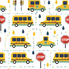 Cute Seamless Pattern with School Bus and Stop Sign