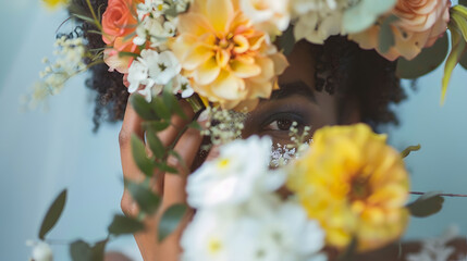 panoramic shot of african american bride covering face with flowers : Generative AI
