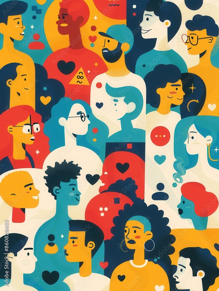 Poster a vibrant illustration depicting a diverse group of people interacting online, showcasing the inclus