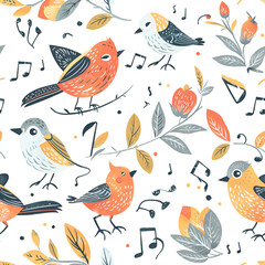 Cute Seamless Pattern with Singing Birds and Musical Notes