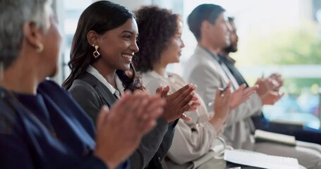 Clapping hands, meeting and business people in office for seminar for company achievement or victory. Applause, presentation and audience of corporate lawyers at legal conference in workplace.
