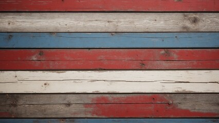 Old painted rustic wood boards background, Americana paint, red white and blue, American flag painting, wall, floor, barn, fence, wooden board with chipping, cracking, peeling, weathered paint