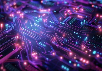 Close Up of a Purple and Blue Circuit Board With Glowing Lights