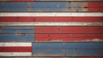 Old painted rustic wood boards background, Americana paint, red white and blue, American flag painting, wall, floor, barn, fence, wooden board with chipping, cracking, peeling, weathered paint