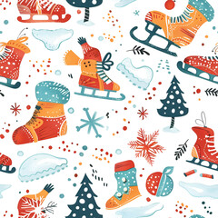Cute Seamless Pattern with Snow and Ice Skates
