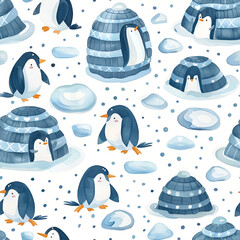 Cute Seamless Pattern with Snow, Igloo, and Penguins