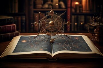 An open celestial book with cosmic illustrations, featuring a miniature orrery model on top, representing the grandeur and mystery of the universe and space exploration.